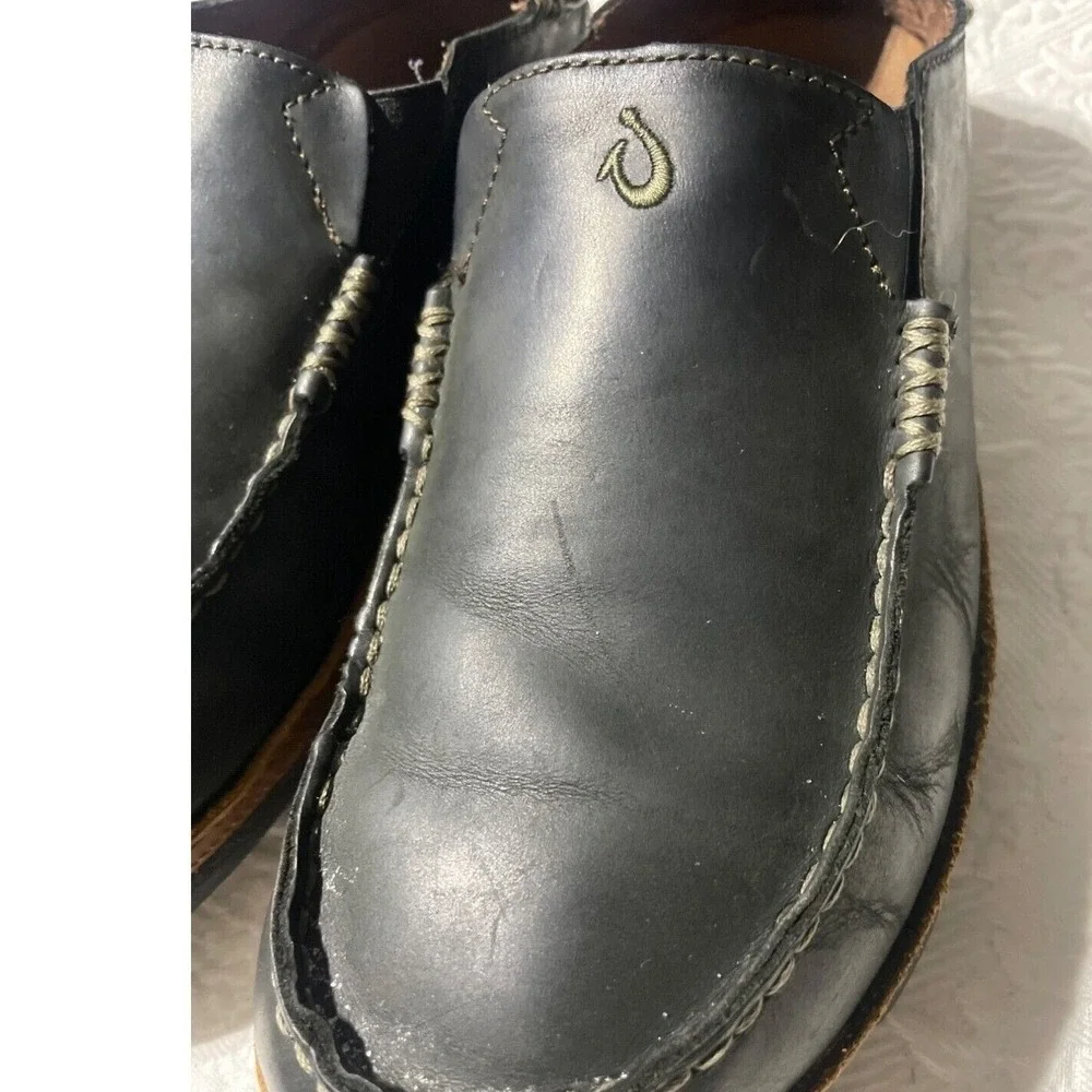 OluKai Moloa Mens Black Leather Slip On Loafers Moccasin Shoes‎ Drop In Heel 8.5